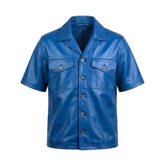 Kashani Royal Blue Lambskin Leather Cuban Collar Shirt
