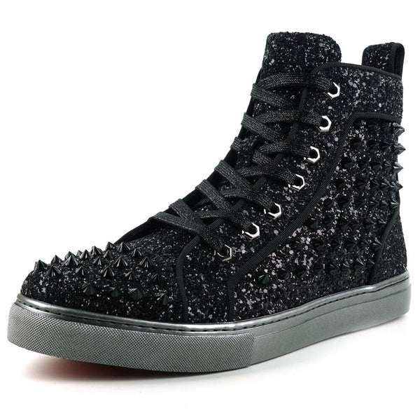 Fiesso Black Glitter Spiked Hightop Sneakers - Dudes Boutique