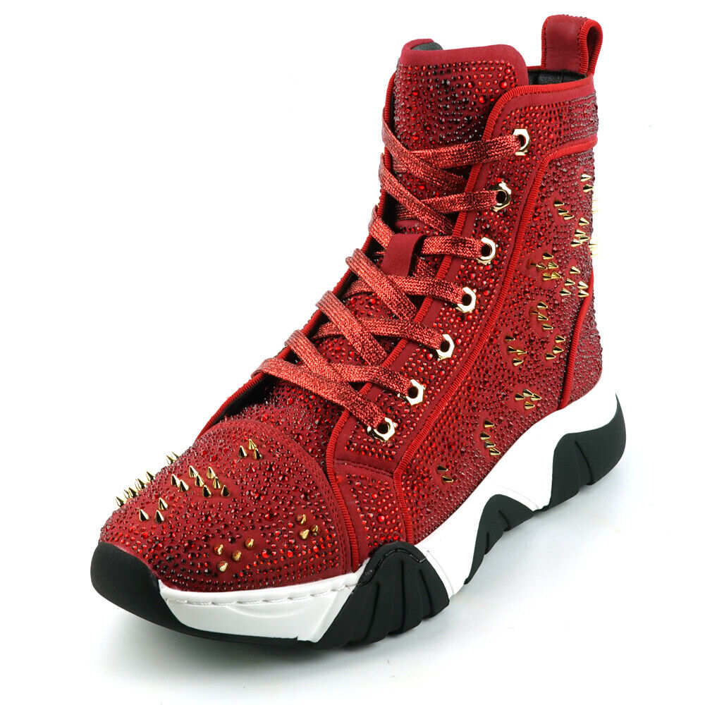 Fiesso Red Suede Crystal Spiked Hightop Sneakers - Dudes Boutique