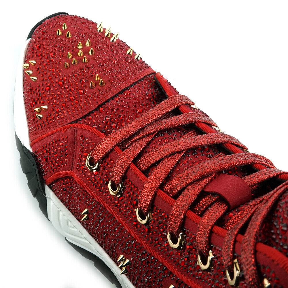 Fiesso Red Suede Crystal Spiked Hightop Sneakers - Dudes Boutique