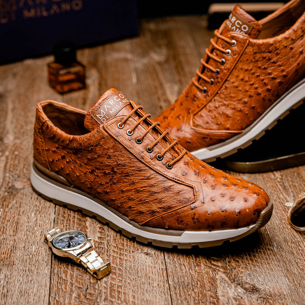 Marco Di Milano Scanno Antique Cognac Ostrich Quill Sneakers - Dudes Boutique
