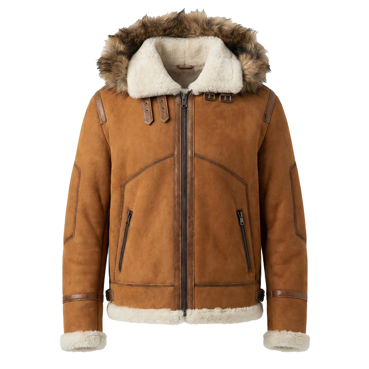 Kashani Yukon cognac shearling coat with fox fur trim