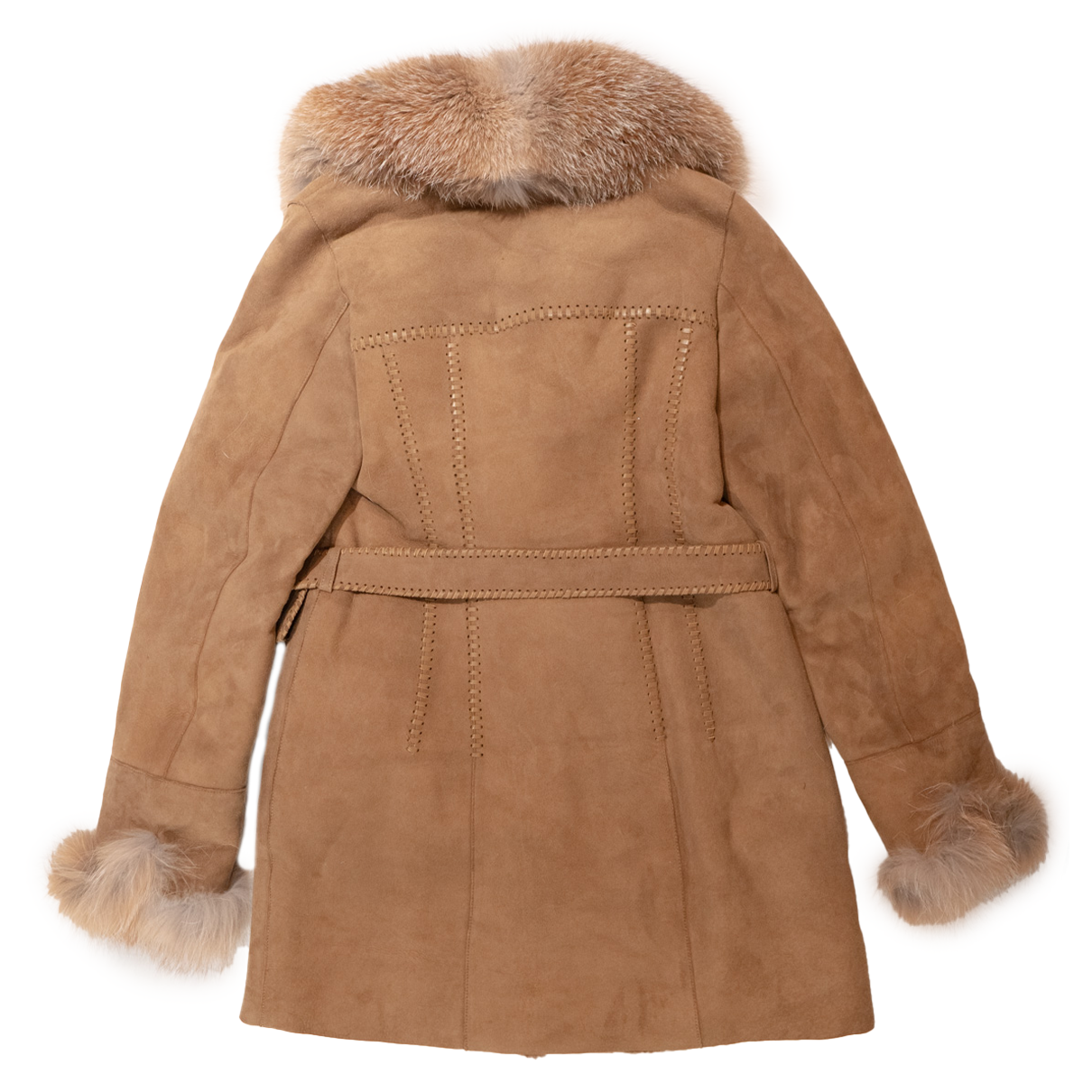 Kashani women's camel suede shearling trench coat with fox fur