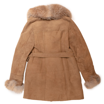 Kashani women's camel suede shearling trench coat with fox fur