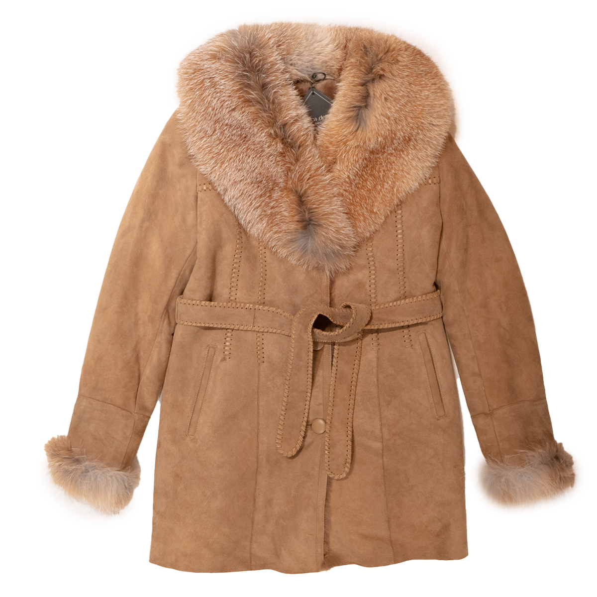 Kashani women's camel suede shearling trench coat with fox fur