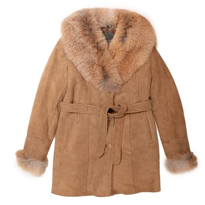 Kashani women's camel suede shearling trench coat with fox fur