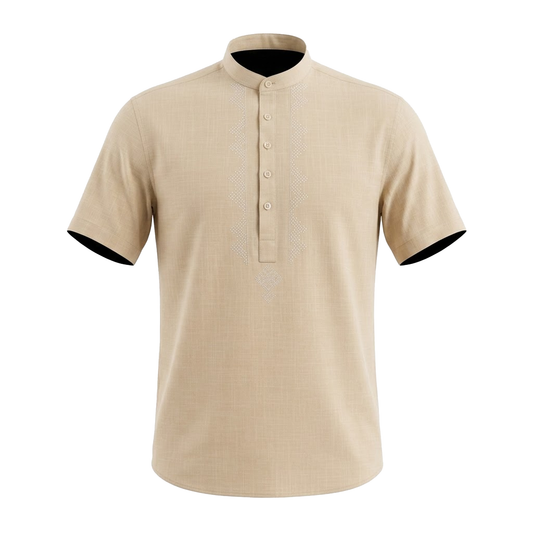Rivelli Men's Beige Modern Fit Embroidered Grandad Collar Shirt