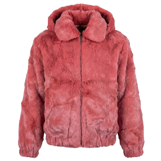 Kashani Men's Pink Rabbit Fur Hooded Bomber Jacket