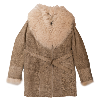 Kashani women's sandstone embossed alligator suede jacket with Mongolian lamb