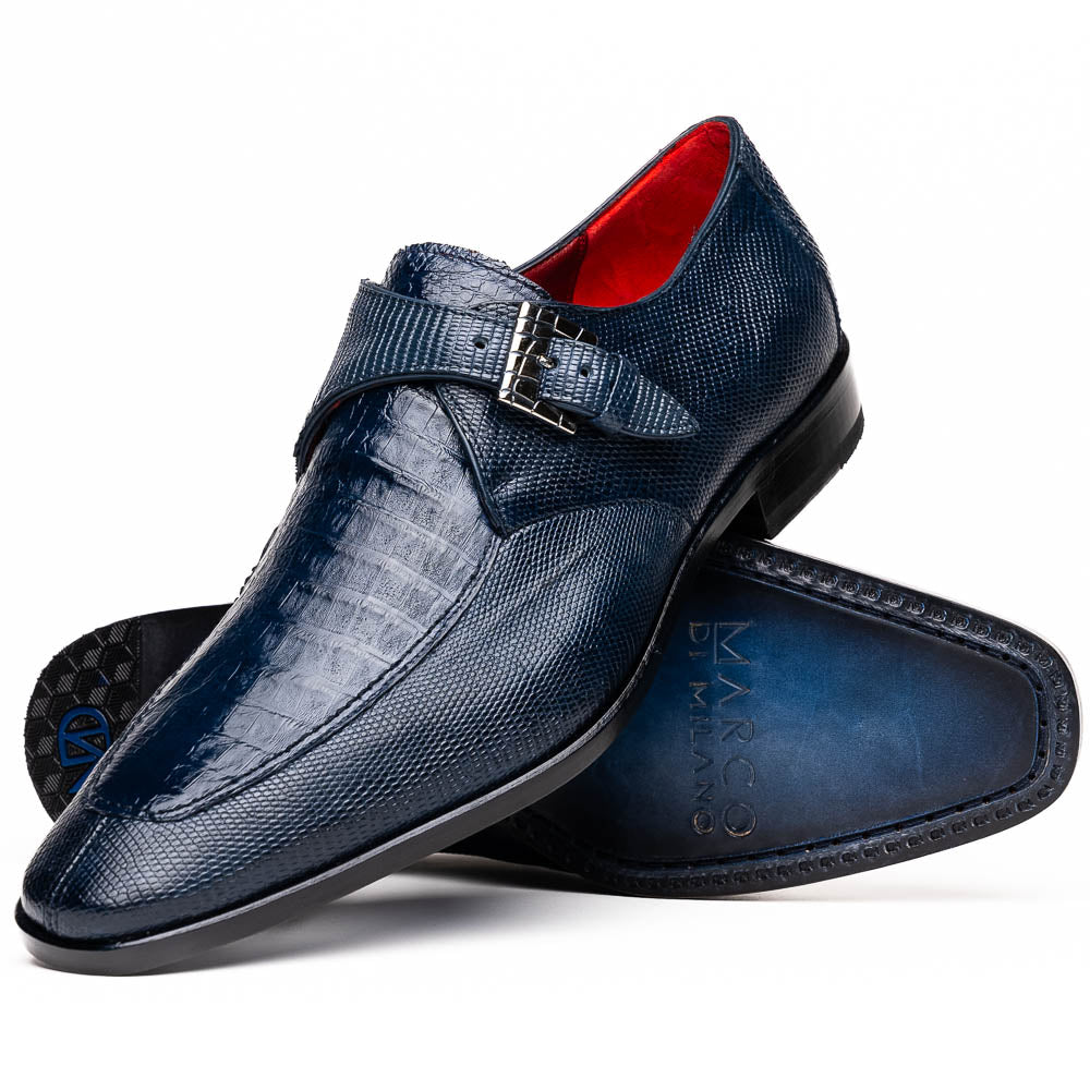 Marco Di Milano Toluca Navy Crocodile & Lizard Monk Strap Dress Shoes - Dudes Boutique