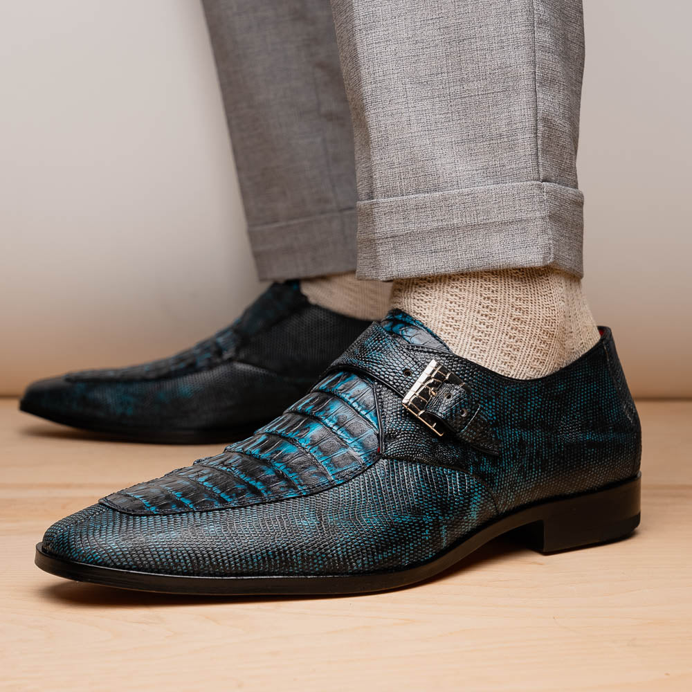 Marco Di Milano Toluca Blue / Black Crocodile & Lizard Monk Strap Dress Shoes - Dudes Boutique