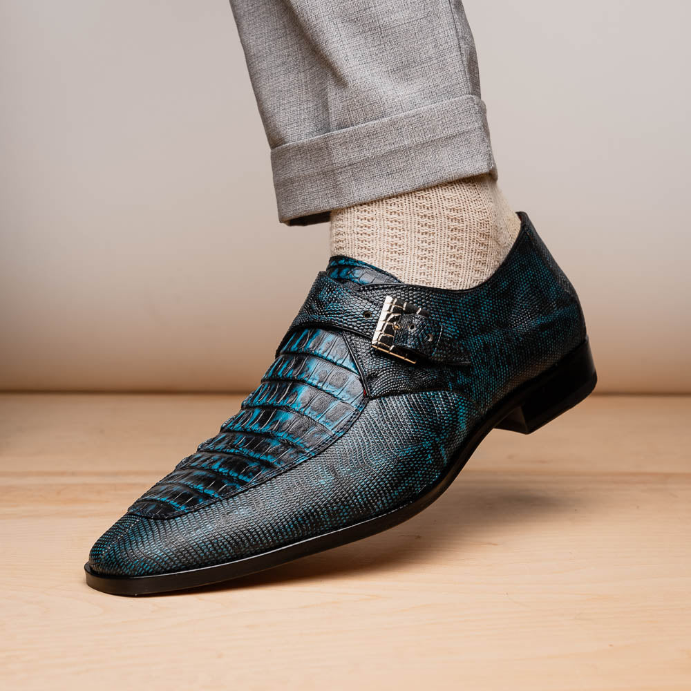 Marco Di Milano Toluca Blue / Black Crocodile & Lizard Monk Strap Dress Shoes - Dudes Boutique