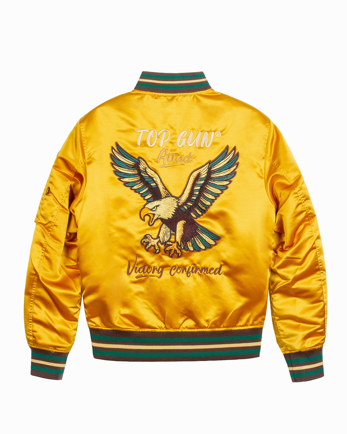 Top Gun Satin Eagle varsity jacket in brownish yellow, back with embroidered eagle