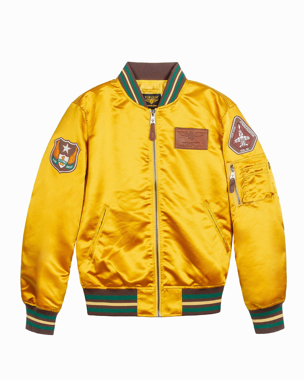 Top Gun Satin Eagle varsity jacket in brownish yellow, front