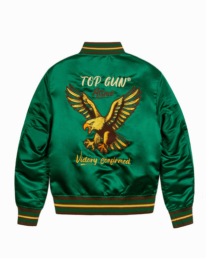 Top Gun Satin Eagle varsity jacket in green, back with embroidered eagle
