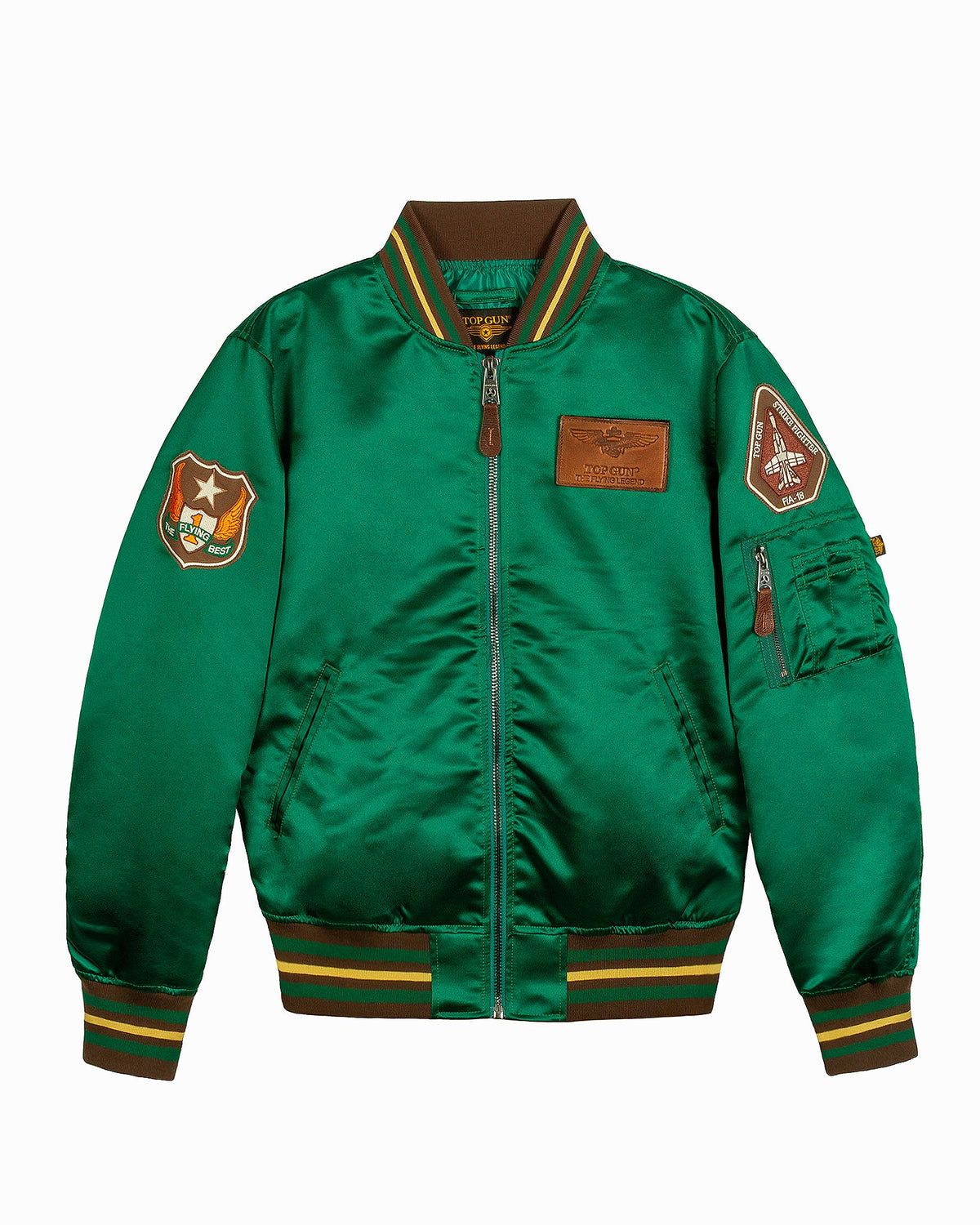 Top Gun Satin Eagle varsity jacket in green, front