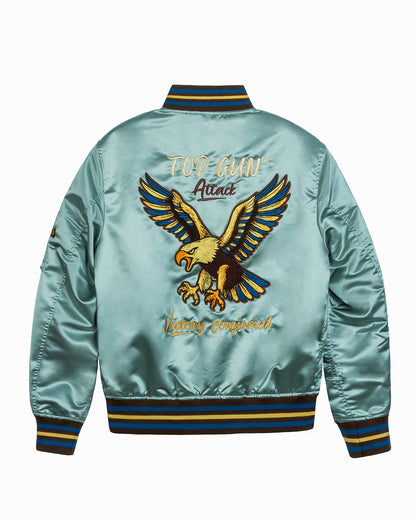 Top Gun Satin Eagle varsity jacket in light blue, back with embroidered eagle