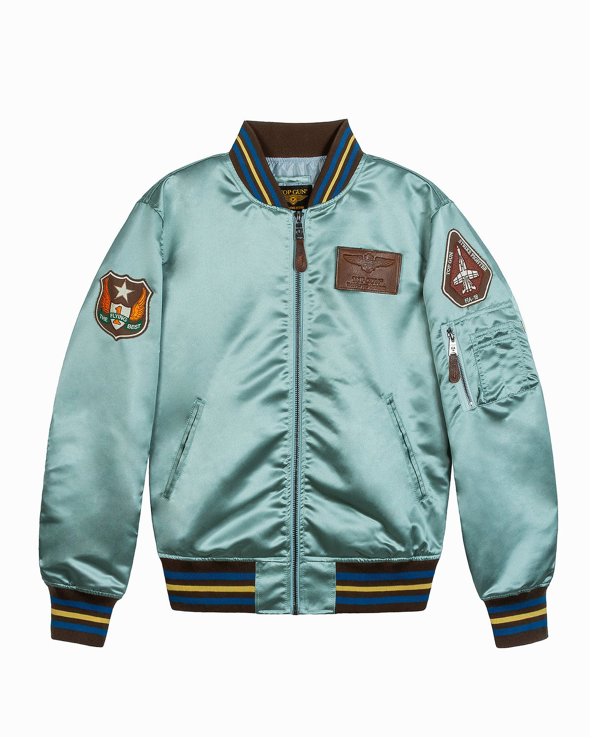 Top Gun Satin Eagle varsity jacket in light blue, front