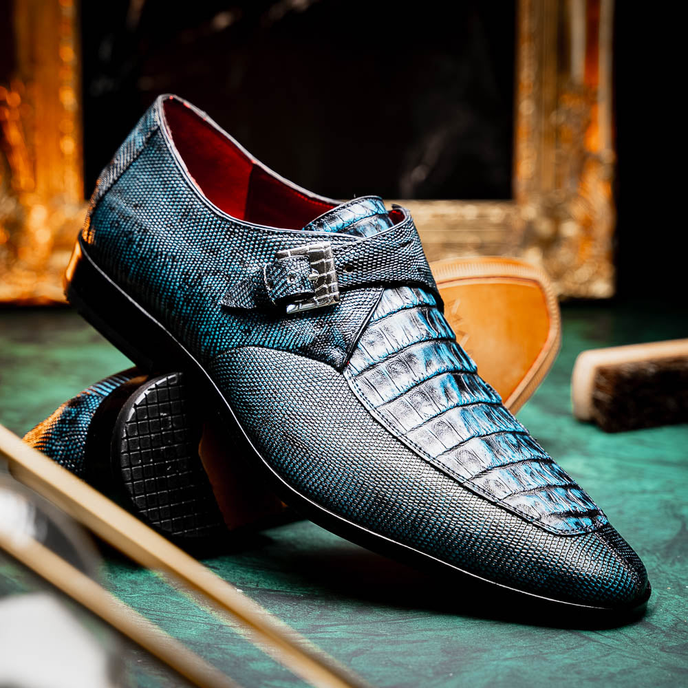 Marco Di Milano Toluca Blue / Black Crocodile & Lizard Monk Strap Dress Shoes - Dudes Boutique