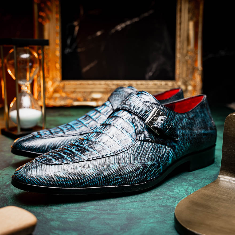 Marco Di Milano Toluca Blue / Black Crocodile & Lizard Monk Strap Dress Shoes - Dudes Boutique