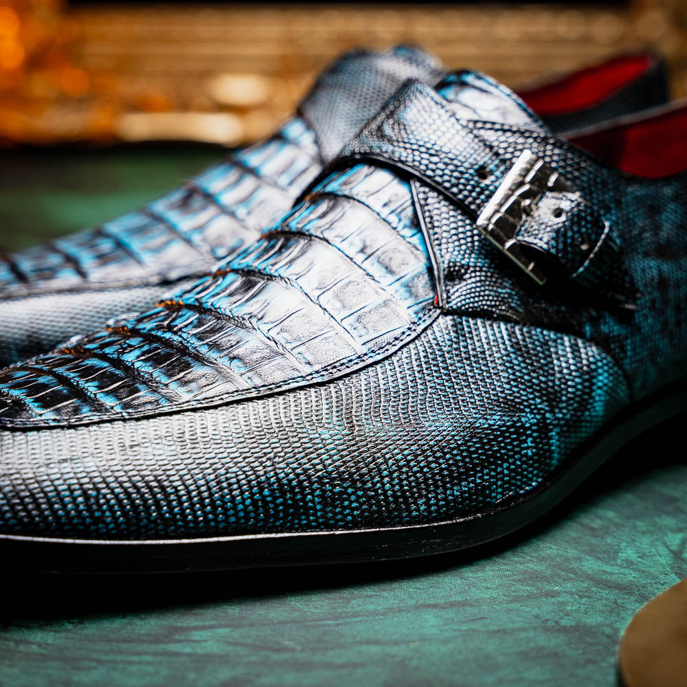 Marco Di Milano Toluca Blue / Black Crocodile & Lizard Monk Strap Dress Shoes - Dudes Boutique