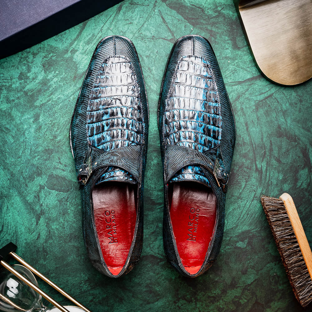 Marco Di Milano Toluca Blue / Black Crocodile & Lizard Monk Strap Dress Shoes - Dudes Boutique