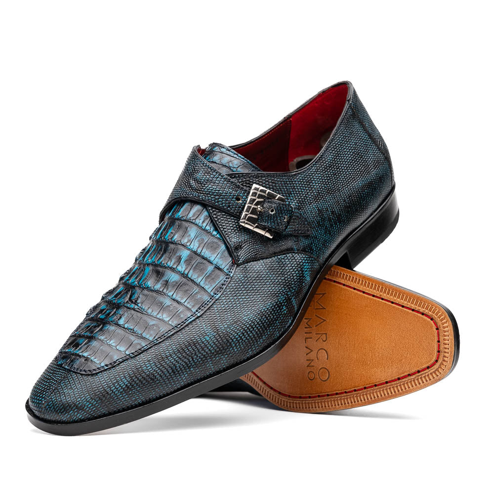 Marco Di Milano Toluca Blue / Black Crocodile & Lizard Monk Strap Dress Shoes - Dudes Boutique