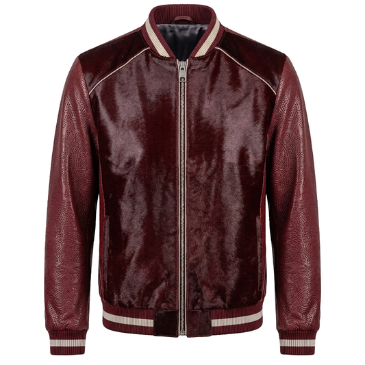 Kashani Burgundy Pony Hair & Perforated Paisley Leather Bomber Jacket