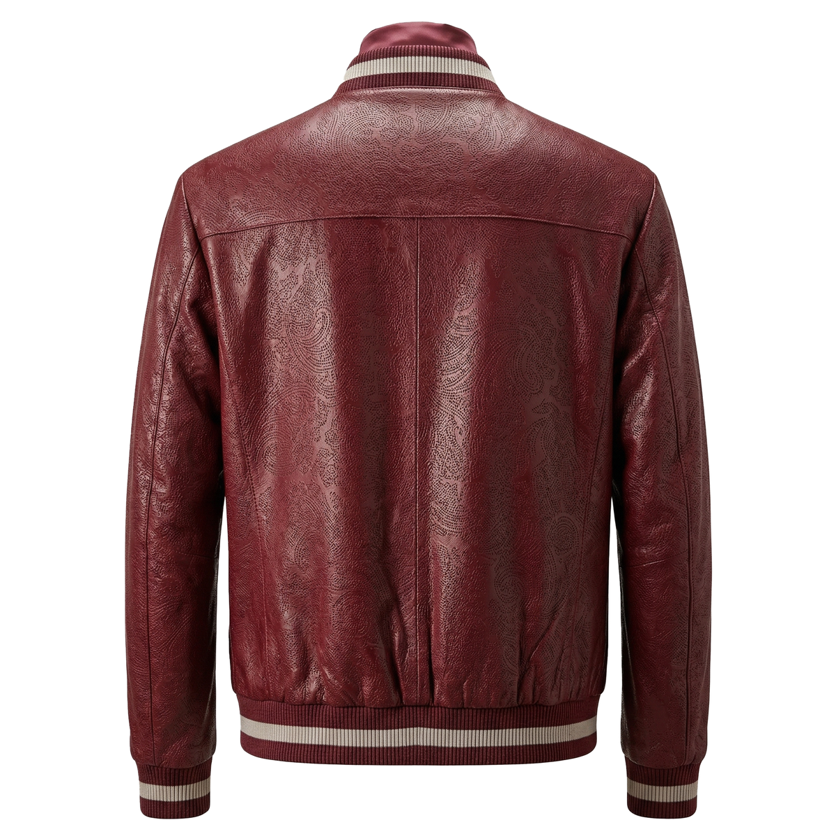 Kashani Burgundy Pony Hair & Perforated Paisley Leather Bomber Jacket