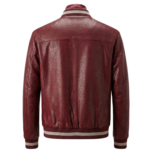 Kashani Burgundy Pony Hair & Perforated Paisley Leather Bomber Jacket