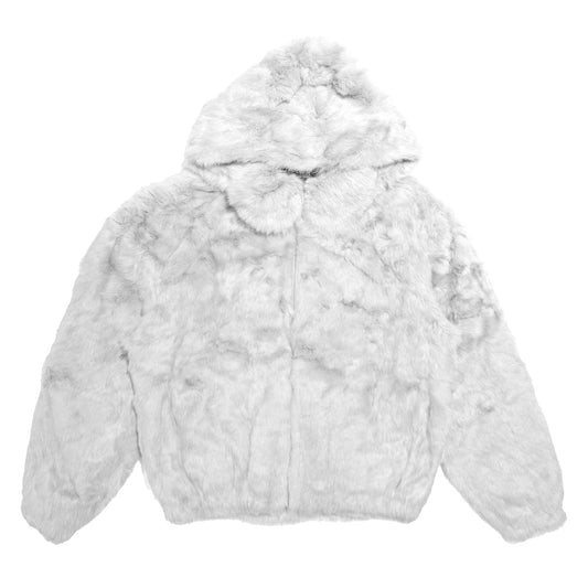 Kashani Men's White Rabbit Fur Hooded Bomber Jacket - Dudes Boutique