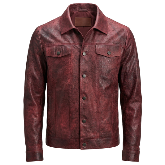 Kashani ID Distressed Burgundy Lightweight Leather Trucker Jacket