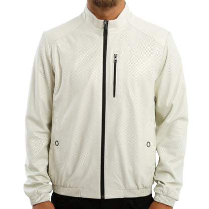 Kashani white perforated leather and navy print reversible bomber jacket