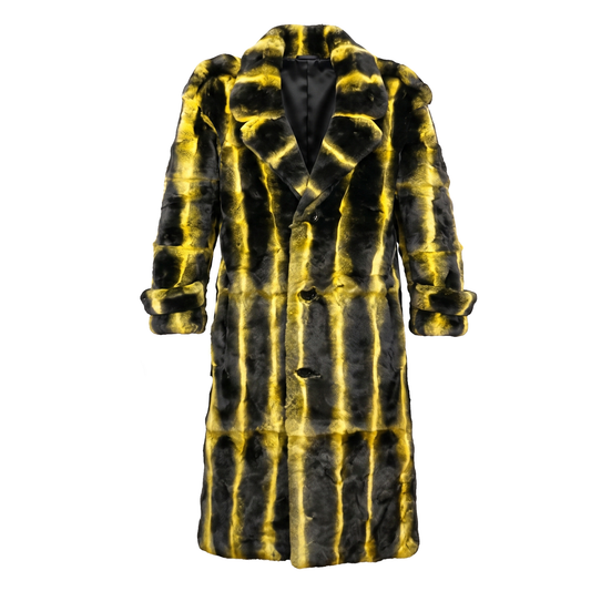 Kashani Men's Yellow Full Length Rex Rabbit Trench Fur Coat