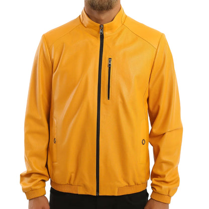 Kashani Men's Mustard Yellow Perforated Leather Reversible Bomber Jacket - Dudes Boutique