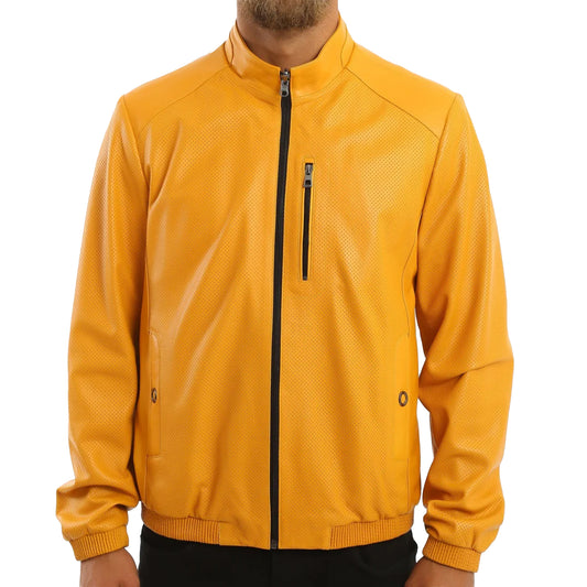 Kashani Men's Mustard Yellow Perforated Leather Reversible Bomber Jacket - Dudes Boutique