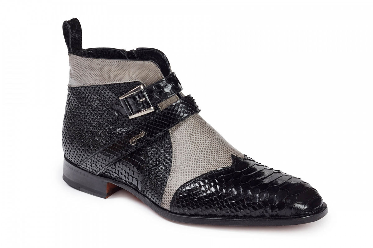 Mauri - 4828 Black Python, Grey Lizard& Perforated Black Ostrich Boots - Dudes Boutique