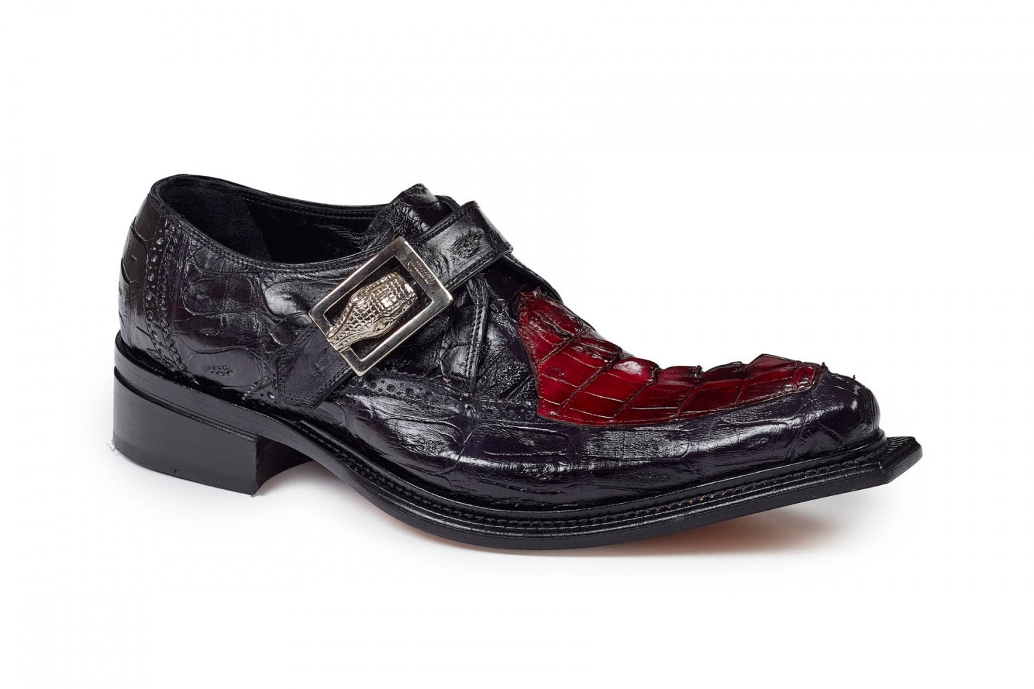 Mauri - 44225 Michelangelo Black Baby Crocodile & Burgundy Hornback Tail Monk Strap Dress Shoe - Dudes Boutique