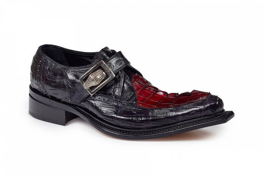 Mauri - 44225 Michelangelo Black Baby Crocodile & Burgundy Hornback Tail Monk Strap Dress Shoe - Dudes Boutique