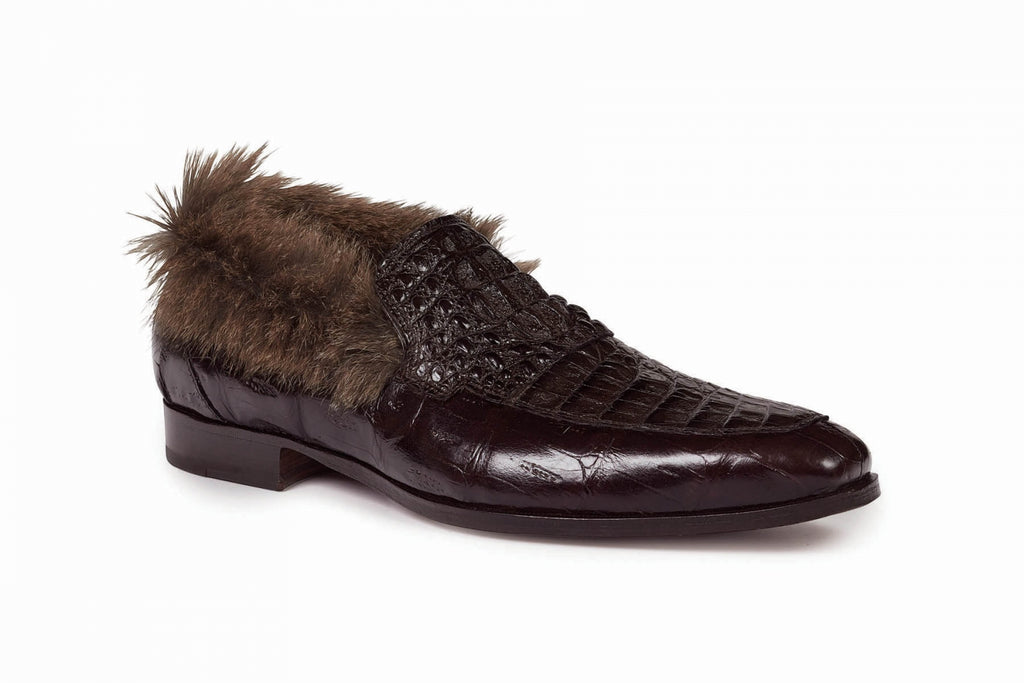 Mauri - 4615 Dark Brown Baby Croc, Hornback Crown & Kangaroo Fur Loafer - Dudes Boutique