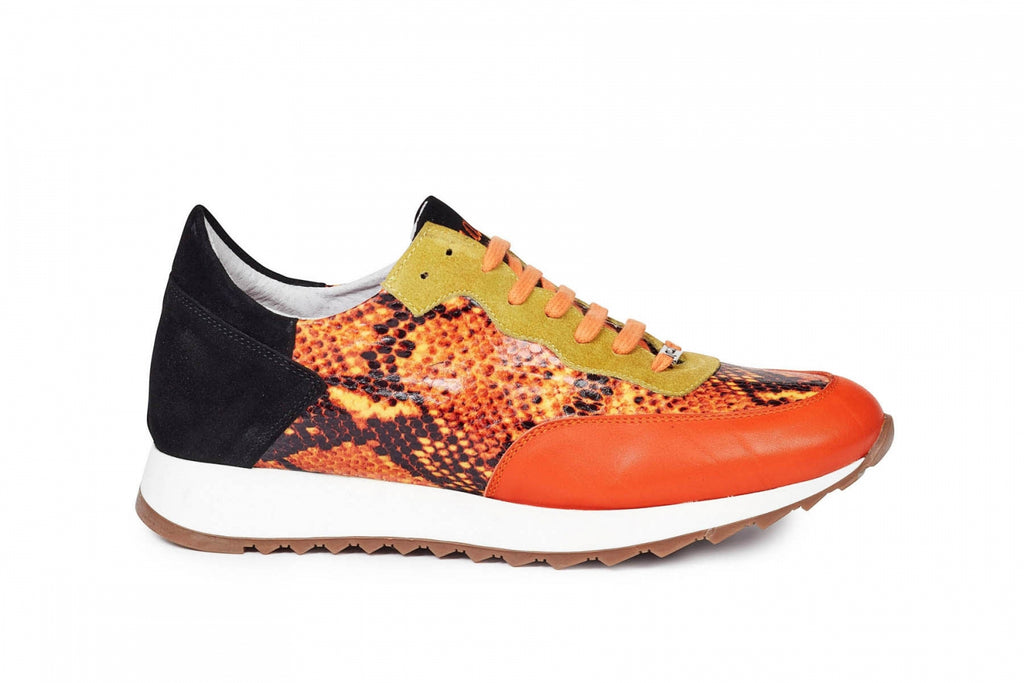 Mauri - M728 Calf, Python Print, & Orange Suede Sneakers - Dudes Boutique