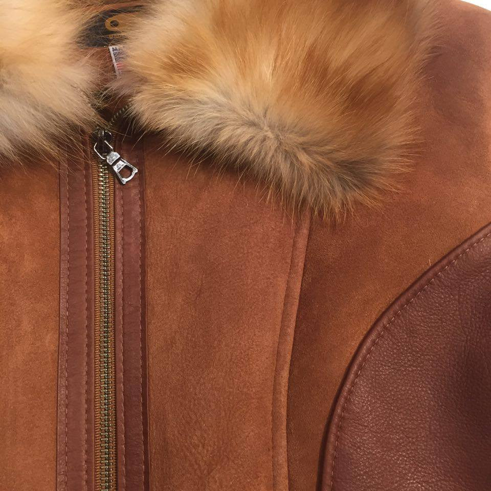 Jakewood tobacco shearling bomber with red fox fur collar