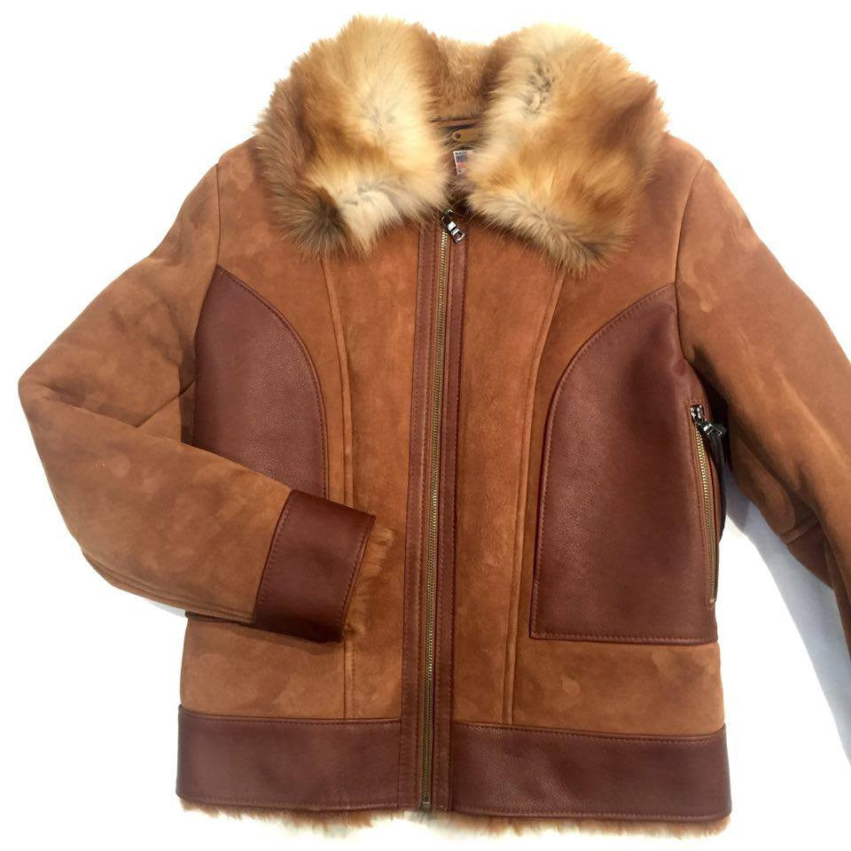 Jakewood tobacco shearling bomber with red fox fur collar