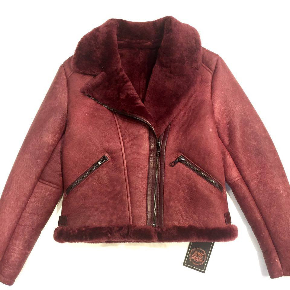 Jakewood women's wine biker shearling jacket