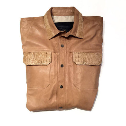 Kashani Men's Beige Lambskin Button-Up Shirt with Alligator Pockets - Dudes Boutique