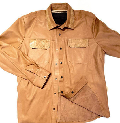 Kashani Men's Beige Lambskin Button-Up Shirt with Alligator Pockets - Dudes Boutique