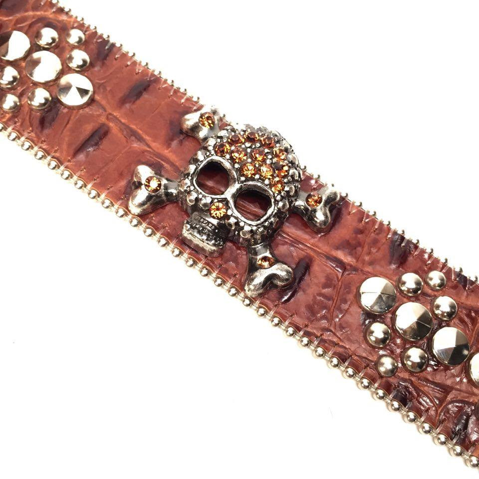 b.b. Simon Brown Skull Croco Crystal Belt - Dudes Boutique