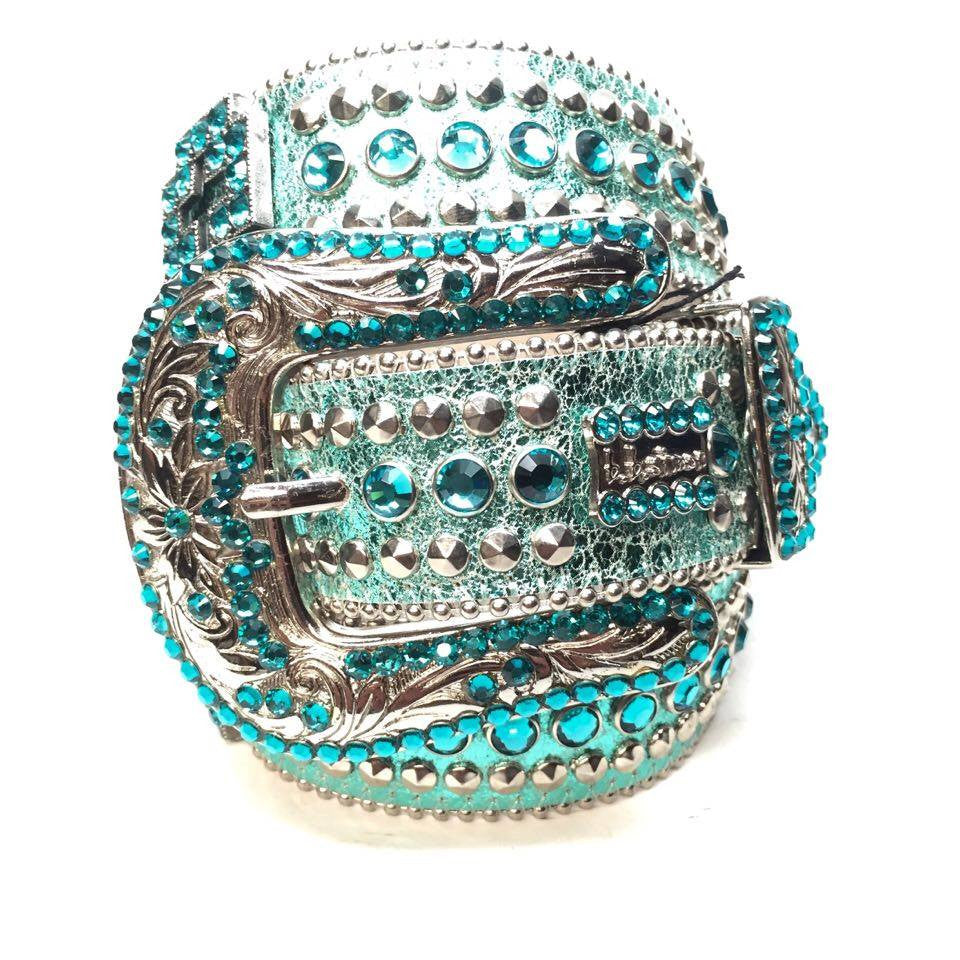 b.b. Simon Metallic Teal Cross Crystal Belt - Dudes Boutique