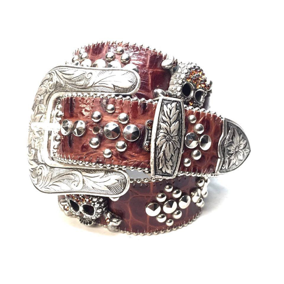 b.b. Simon Brown Skull Croco Crystal Belt - Dudes Boutique