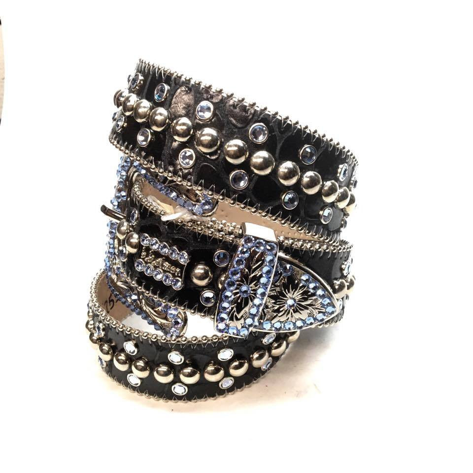 b.b. Simon Black Light Blue Pony Double Studded Crystal Belt - Dudes Boutique